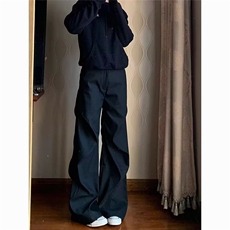 美式小众褶皱微喇休闲裤男复古宽松直筒垂感百搭黑色西裤，女装休闲裤，星座1210-1