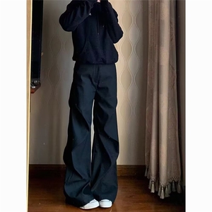 美式小众褶皱微喇休闲裤男复古宽松直筒垂感百搭黑色西裤图片