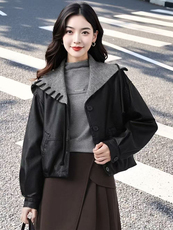 (现货)休闲时尚针织拼接皮衣外套，女装皮衣，都市甄选