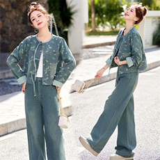 新中式国风印花牛仔时尚套装女2025春季新款复古盘扣气质两件套潮，女装套装/套裙，欣品汇