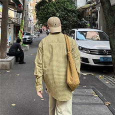K417-P40美式复古黄色格子衬衫男女春秋高级感休闲宽松防晒长袖，男装防晒衣，电商B323A