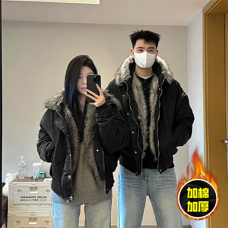 现货高品质美式高街重磅狼王座山雕毛毛领假两件棉衣加厚棉服外套图片