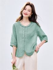 长期现货2026夏季新款天丝苎麻衬衫女中年妈妈宽松圆领中袖T恤女，女装衬衫，璐依舞