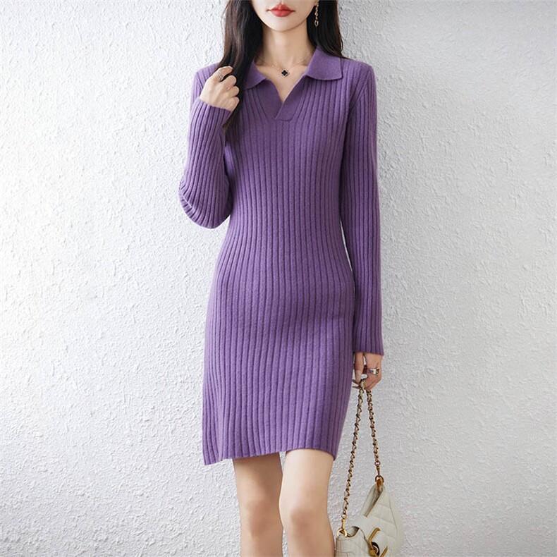 2025秋冬新款翻领加厚抽条长款100%羊毛打底衫连衣裙针织毛衣女，女装连衣裙，暖绒情旗舰店