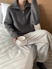 2025百搭时尚秋冬新款半开翻领长袖加厚针织衫，女装针织衫/毛衣，秀阁羊绒