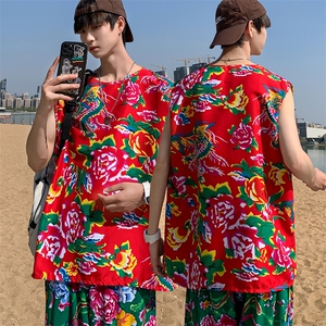 夏季大码东北大花布男背心坎肩运动马甲男装风民族牡丹花MJ01图片
