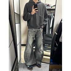 设计感高街腰带印花牛仔裤男女小众美式复古弯刀裤松弛感镰刀裤潮，男装牛仔裤，四季星座505