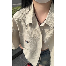 泡泡纱刺绣腊肠狗衬衫短袖夏季阳光干净男生穿搭高级感藏青色半袖，男装T恤，电商A001-1