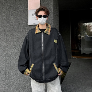 潮牌格子撞色翻领牛仔外套男女同款春秋季情侣夹克上衣JK03365图片