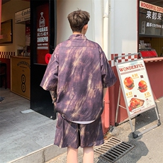 2025美式扎染印花冰丝凉感短袖碎花衬衫薄套装TZ5655/特P45黑色，男装T恤，电商A094