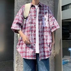 格子短袖衬衫男夏季日系复古宽松休闲五分袖衬衣美式高街潮牌外套，男装衬衫，星座410-7