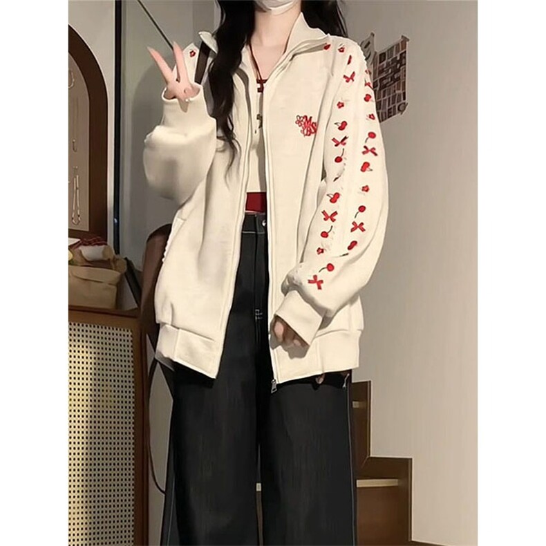 小花刺绣立领卫衣开衫男女新款2025新款宽松bf美式复古学院风外套，女装短外套，星座506A