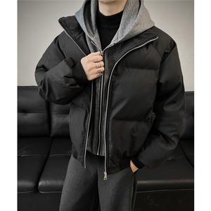 美式假两件pu皮短款棉服男款冬季加厚工装棉袄连帽外套特P85