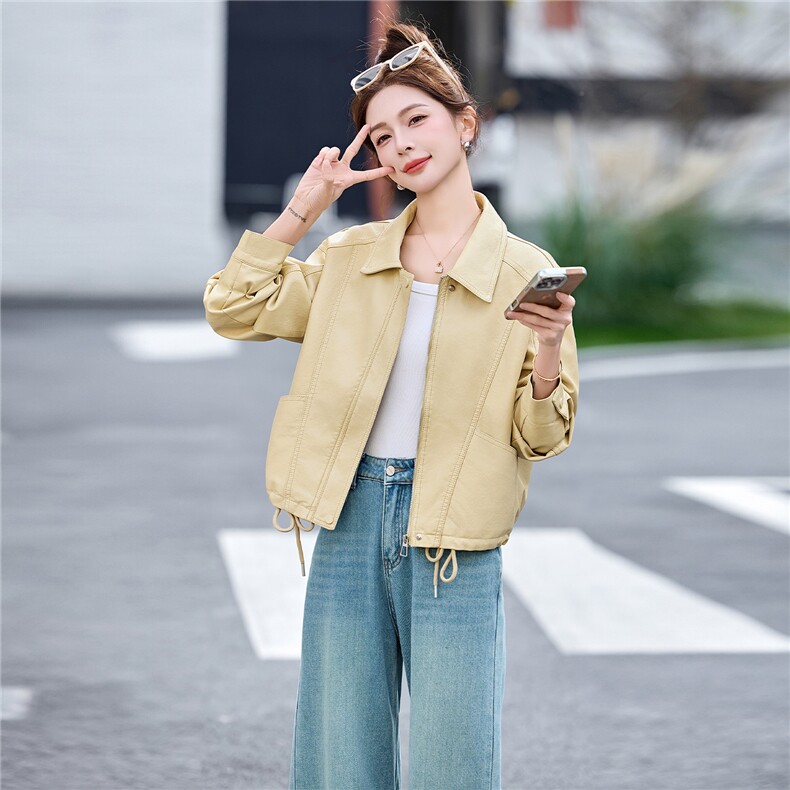 黄色可盐可甜减龄好看皮衣夹克上衣女春新款小个子休闲显瘦短外套,女装皮衣,美拉德工厂直营店