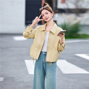 黄色可盐可甜减龄好看皮衣夹克上衣女春新款小个子休闲显瘦短外套图片