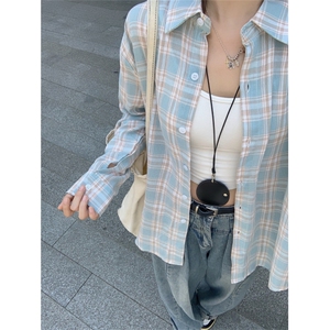 法式格子衬衫女2026春秋新款防晒外套宽松衬衣bm小个子长袖上衣潮图片