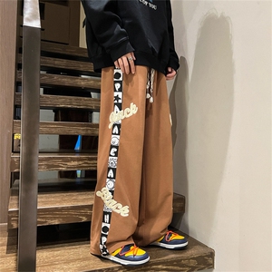 特P25 春秋冬季长裤子毛巾绣休闲阔腿裤男美式宽松卫裤K211图片