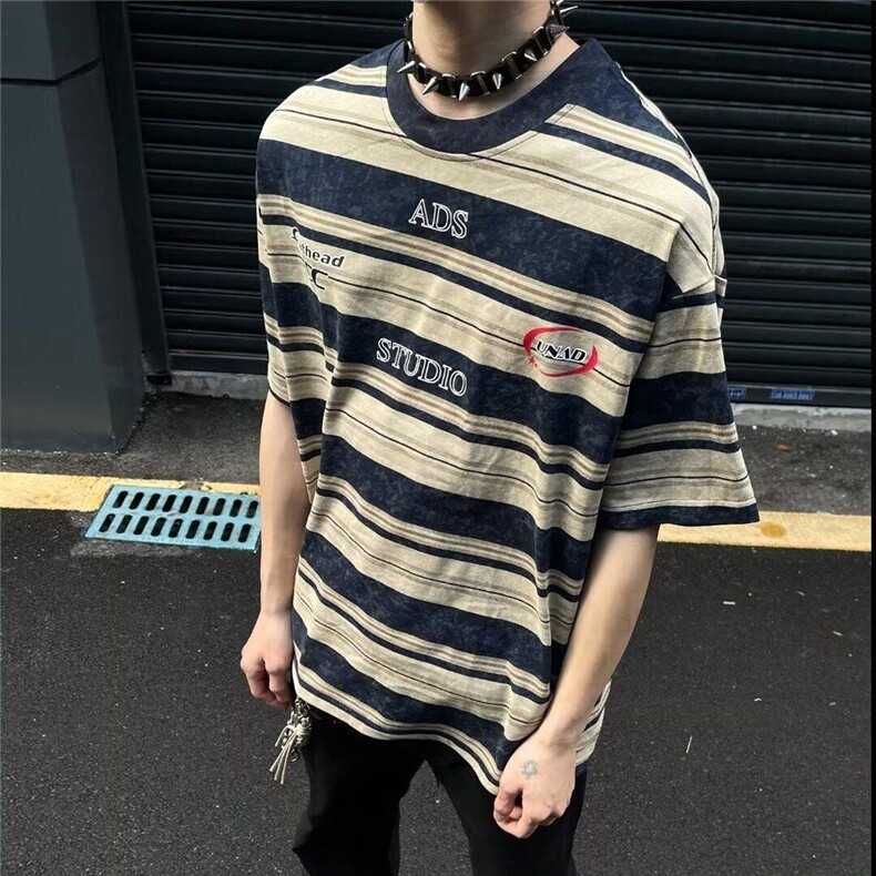 美式复古条纹短袖T恤男夏季新款宽松扎染潮牌情侣上衣WLT800-P33,男装T恤,星座1008