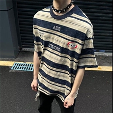 美式复古条纹短袖T恤男夏季新款宽松扎染潮牌情侣上衣WLT800-P33，男装T恤，星座1008