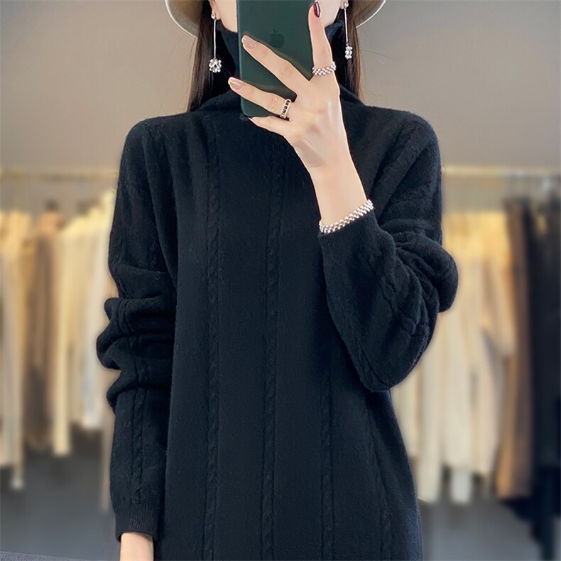 羊毛针织裙时尚麻花中长款连衣裙秋冬新款半高领打底衫,女装连衣裙,蒙莲贝斯