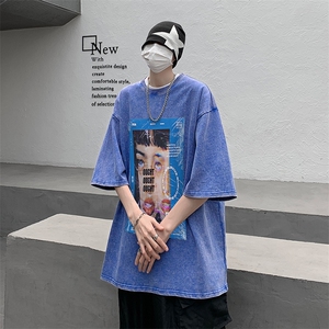 复古水洗做旧 美式杂志印花 落肩袖高街重磅短袖T恤B239-1073-P38图片