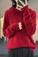 早秋新款红色连帽针织衫经典百搭时尚休闲毛衣显瘦修身长袖上衣，女装针织衫/毛衣，萱芳婷羊绒