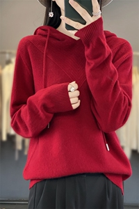 早秋新款红色连帽针织衫经典百搭时尚休闲毛衣显瘦修身长袖上衣图片