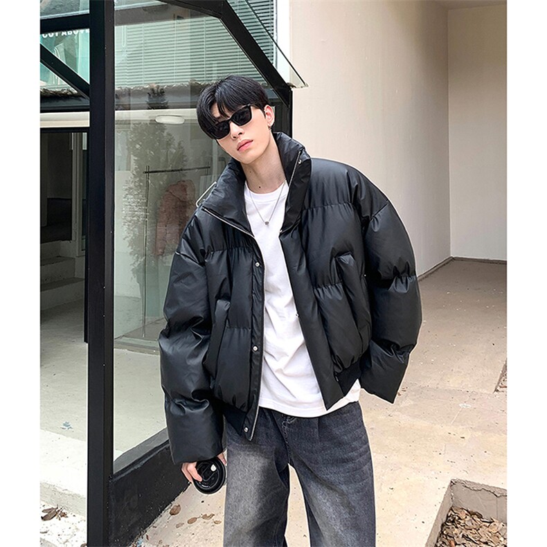 网图 冬季立领PU皮棉服男美式复古宽松加厚面包服外套-A2355TP78图片