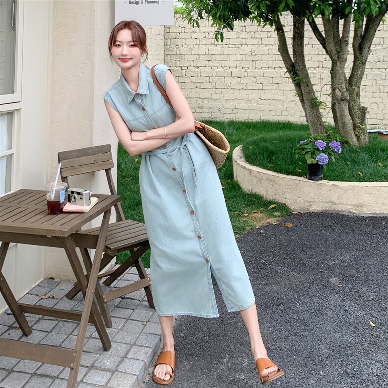 衬衫领薄款牛仔无袖腰带长款连衣裙2C050-1267-P155-248图片