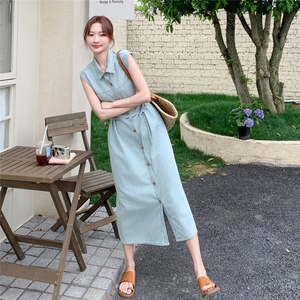 衬衫领薄款牛仔无袖腰带长款连衣裙2C050-1267-P155-248图片