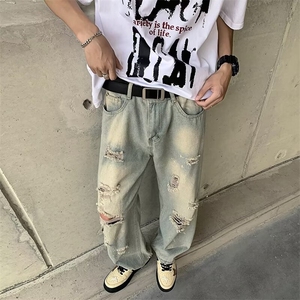 牛仔裤男夏季薄款宽松直筒高街vibe水洗做旧美式裤子 N7064图片
