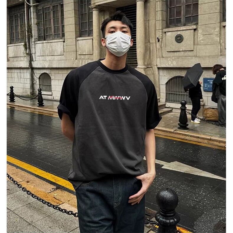抖音得物高品质二开240克宽松纯棉美式潮牌插肩袖拼接短袖T恤,男装T恤,电商A486