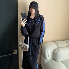 女春季洋气拼接色连帽卫衣直筒卫裤套装，女装套装/套裙，江南