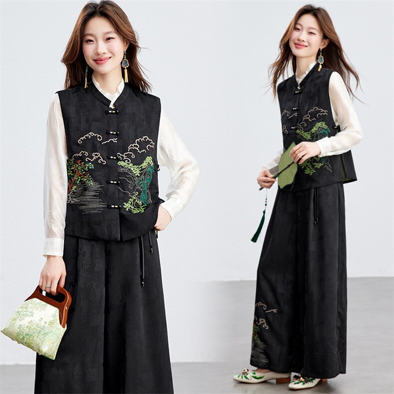在仓~2026年春夏轻薄背心/马甲上衣两件套刺绣山水画两件套阔腿裤，女装套装/套裙，新依时派