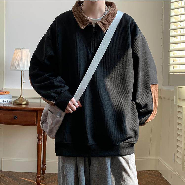 A018-WX920P55/现货秋装新款方领半拉链拼接套头卫衣男，男装卫衣，电商A018