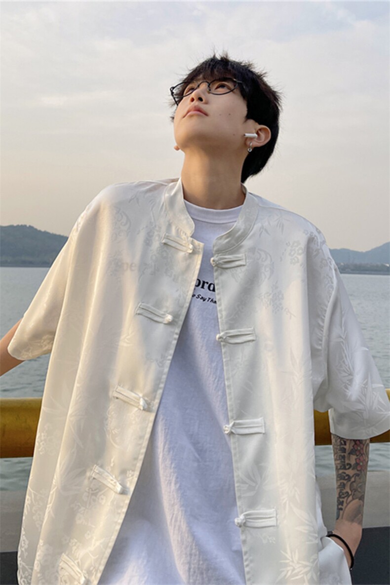 新中式风盘扣短袖衬衫男夏季港风休闲衬衣812-CY518-P50控68,男装T恤,星座812