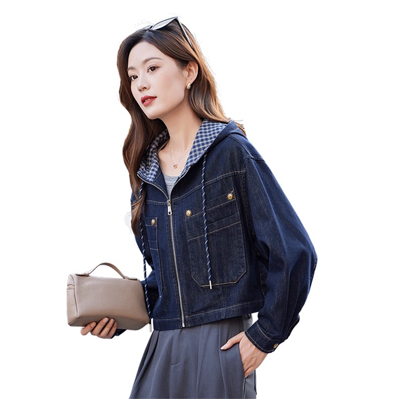 时尚连帽牛仔外套女短款2025春秋新款设计感洋气休闲百搭夹克上衣,女装短外套,靓衣阁