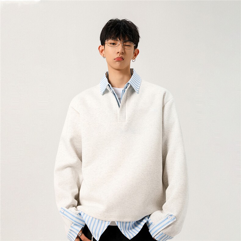 2025秋新款条纹衬衫假两件Polo领长袖宽松长袖卫衣GW053-P60控89,男装卫衣,星座216(原A116)