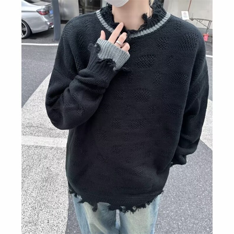 美式小众流苏破洞假两件毛衣男秋冬款宽松痞帅拼接套头针织衫7360,男装针织衫/毛衣,星座506
