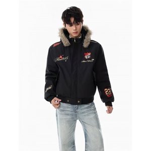网络图现货 美式复古风徽章刺绣毛领连帽小众加厚棉服J819-P82图片