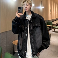 小众金属垫肩牛仔夹克男宽松春秋季水洗做旧复古短款外套-JK0011，男装夹克，星座601-2