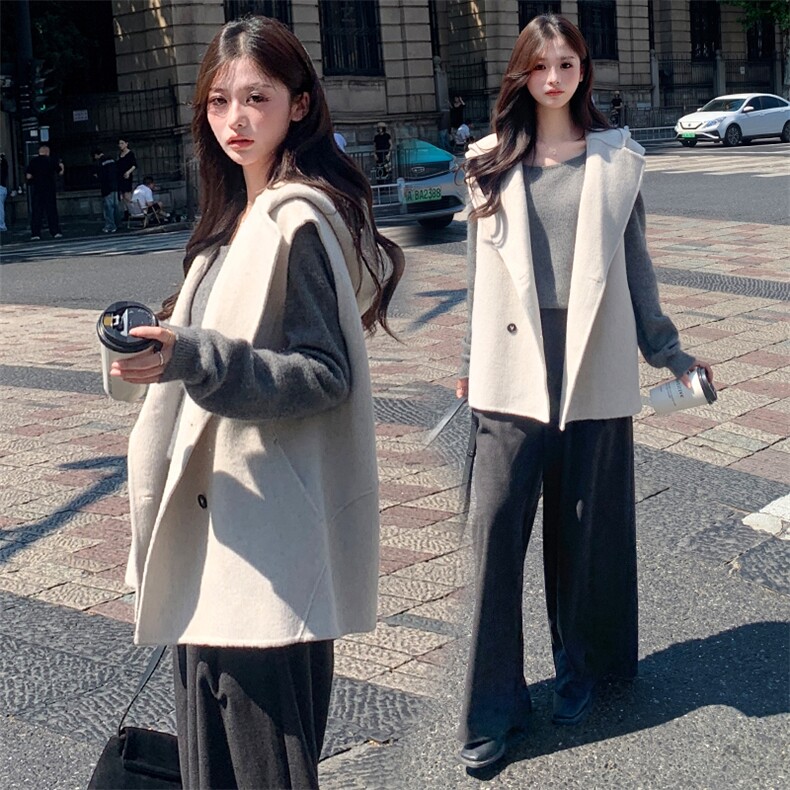 现货主推新款双面羊毛呢连帽百搭宽松休闲羊毛马甲女外套,女装双面呢大衣,丝露依尚（原SL）
