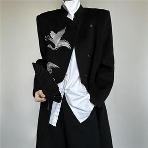 新中式男装仙鹤刺绣毛呢大衣男秋冬季暗扣风衣汉服外套W6841-P99图片