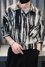 社会小伙2025春季新品衬衫男士七分袖水墨扎染衬衫潮901-C20P58，男装衬衫，星座901