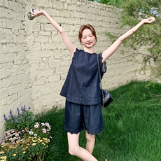 藏青色盐系一整套蕾丝花边牛仔套装女2025夏季新款背心短裤两件套，女装套装/套裙，2C159