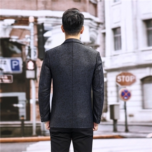 春秋款男士绵羊皮西服真皮休闲外套中年男装百搭通勤夹克蓝絮纹图片