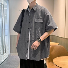 男装衬衫CS27高质量p35M-2XL单色宽松版青少年潮款短袖衬衫，男装衬衫，星座302B-2