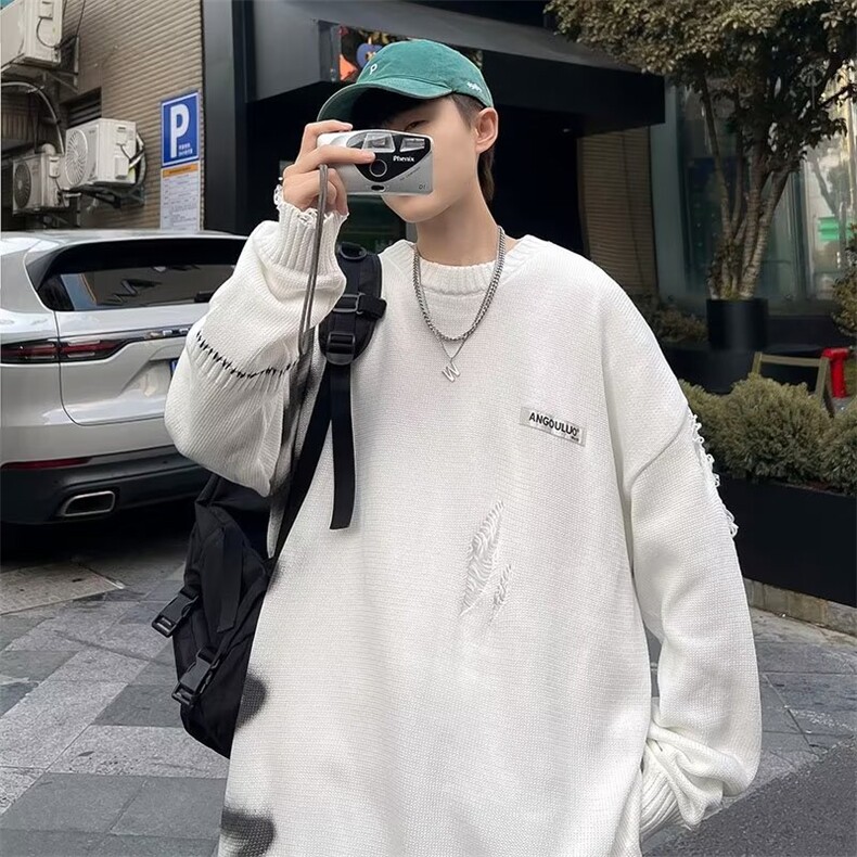 破洞针织衫男涂鸦韩版潮流2024冬季新款ins宽松毛衣MZ611X-P48,男装针织衫/毛衣,星座412-3