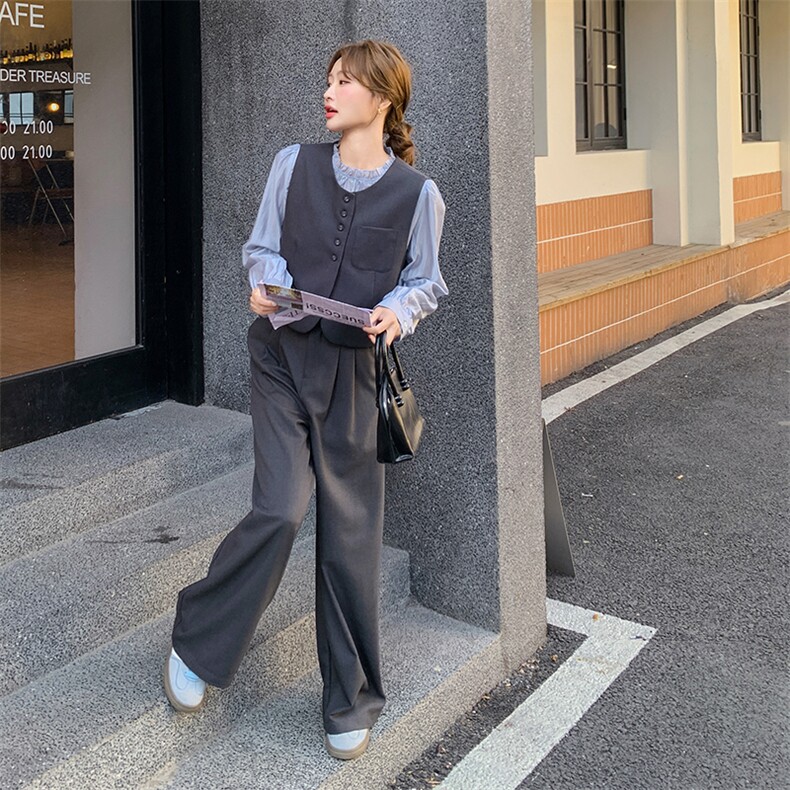 休闲气质马甲衬衫休闲裤套装女春秋巨好看三件套流行爆款超火穿搭,女装套装/套裙,2D041