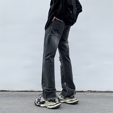 B221美式ins高街小众重工艺拉链破洞牛仔裤LK23016-P65控88，男装牛仔裤，电商B221